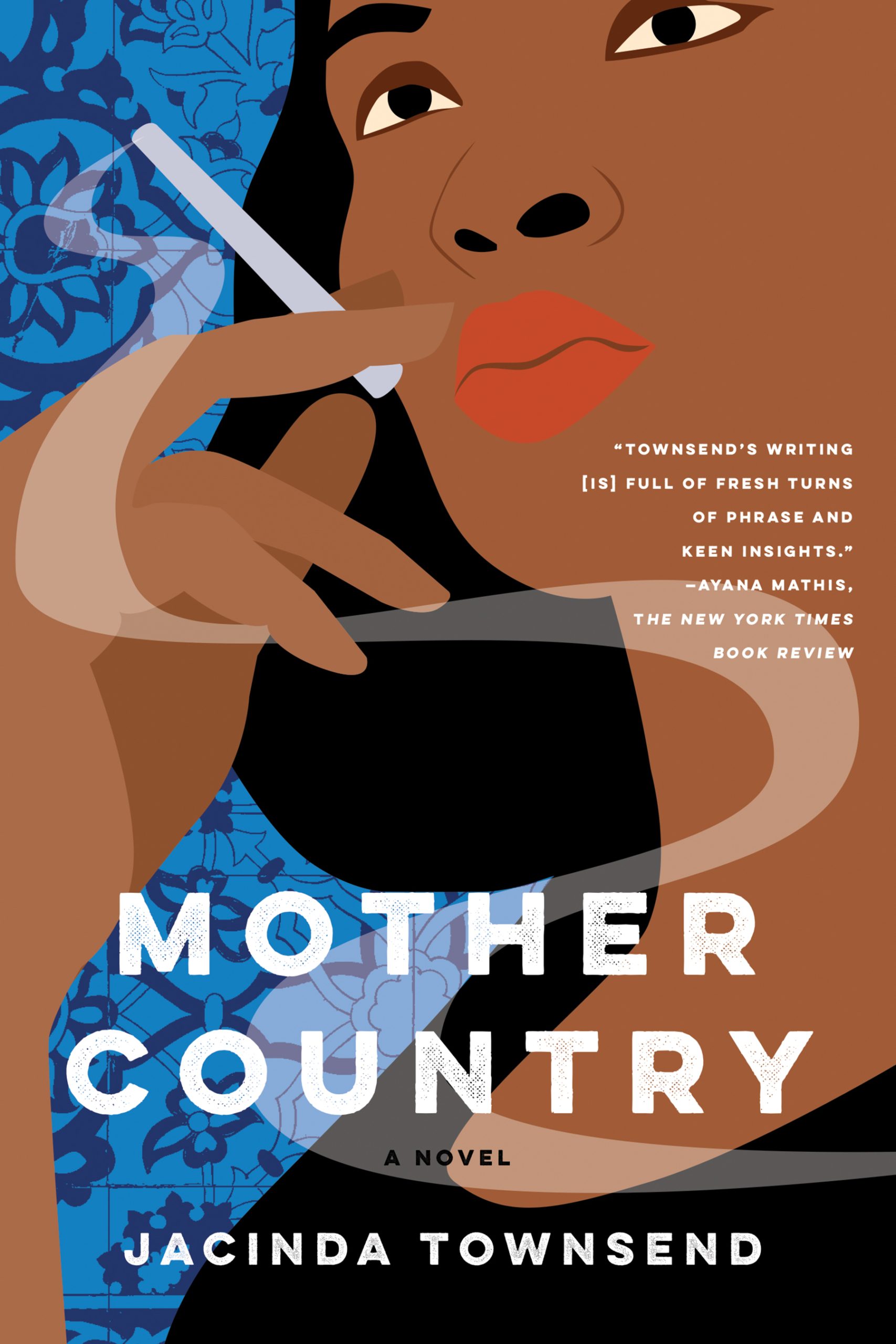 The cover of the novel MOTHER COUNTRY features a painting of a brown face against a blue background